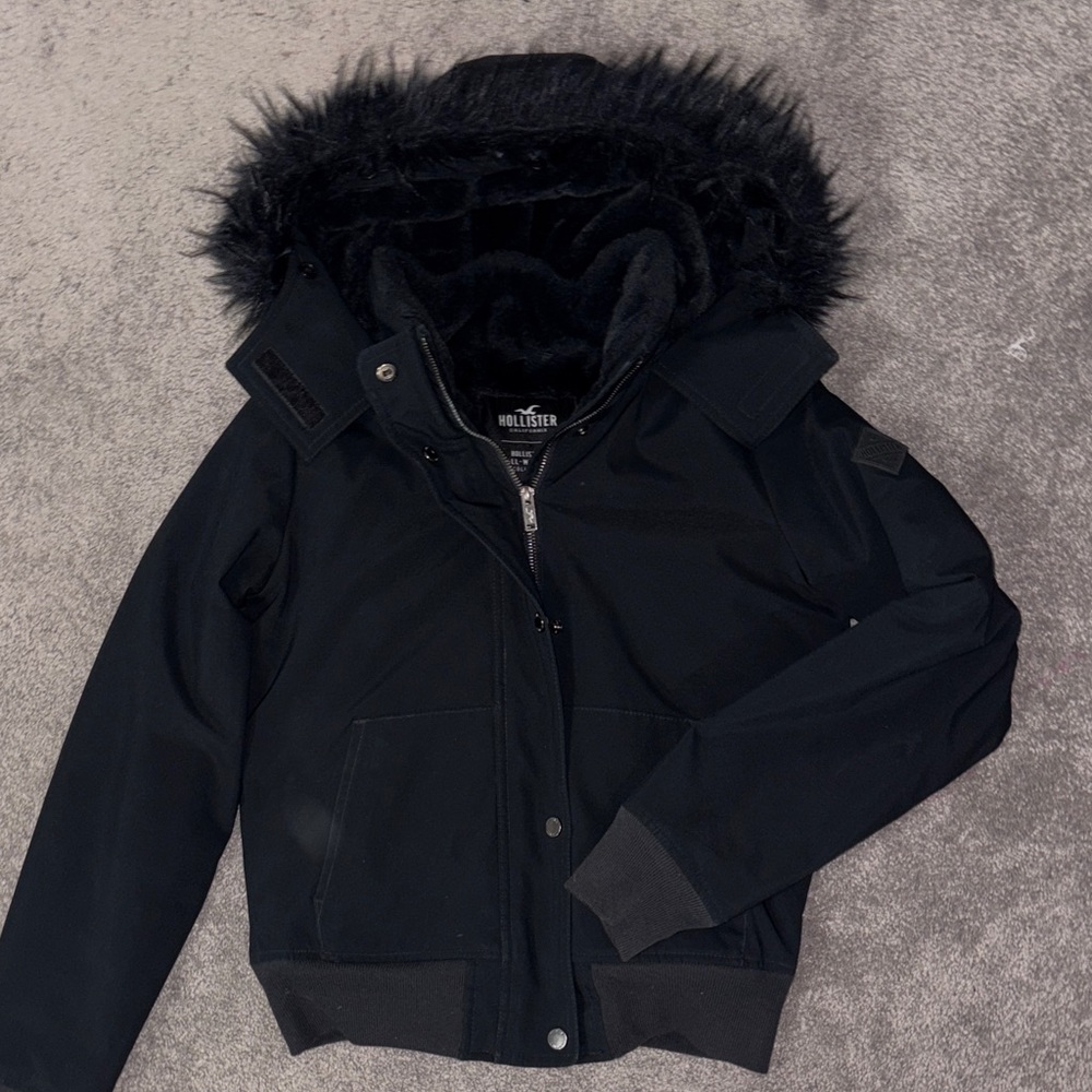 Hollister Black Hooded Jacket with Faux Fur Trim
